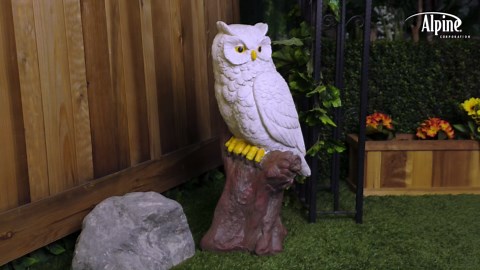 Alpine Corporation JUM584 Indoor Outdoor Owl on Tree Trunk Garden Statue, Rustic Owl Garden Display, 28" Tall, White