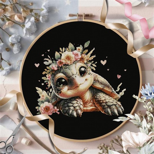 Cute Turtle Cross Stitch Pattern PDF, Floral Turtle Embroidery Design, Kawaii Animal Needlepoint, Nursery Wall Art, Instant Download - Etsy