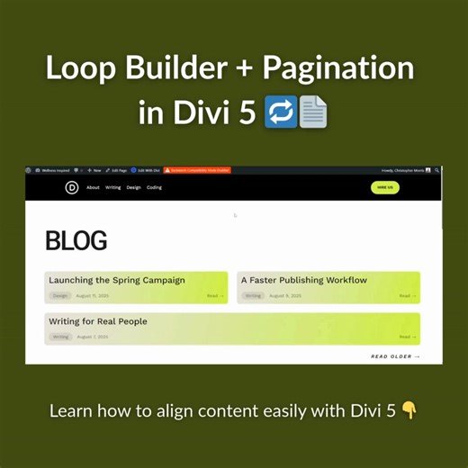 👉 #Divi5 Loop Builder Pagination Module = endless design control 🔁 Build custom post grids, product cards, or portfolios, then let users browse with smooth pagination. We’ll show you how to connect them step by step in our latest blog. | Elegant Themes