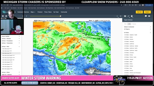 Join chief meteorologist Joel Fritsma, and the rest of the team LIVE for a stream regarding all precipitation incoming for tonight into tomorrow, February 17th & 18th, 2026. Got questions? Let us know at the end of the briefing, and don't forget to like the stream for more information. – About the Michigan Storm Chasers – Established in 2022, MSC provides wall-to-wall coverage for the entire state of Michigan from beginning to end during all severe weather events big and small. In 2024, MSC went