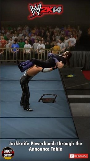 Jackknife Powerbomb through the Announce Table 🔥 #wwe2k14