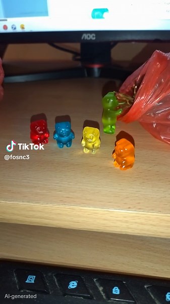 🍬💻 A cinematic funny scene on a messy computer desk at night. Colorful gummy bears suddenly come to life and start having wild adventures around the desk. One gummy bear surfs on a computer mouse, another climbs a keyboard like a mountain, two gummy bears ride a spinning office chair wheel like a carousel. One bear dives into a mug of coffee like a swimming pool, another slides down a charging cable like a zipline. #gummy #gummybears #funny #desk #miniworld