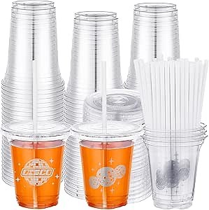 Mifoci 100 Pcs Disco Party Supplies Disco Ball Disposable Plastic Cup with Lids and Straws 12 oz Clear Drinks Coffee Cups for 70s 80s 90s Party Bachelorette Birthday Wedding Christmas Party