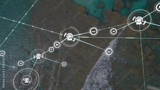 Network overlay pulsing from central hub, extending lines and nodes, visualizing coastal reef data