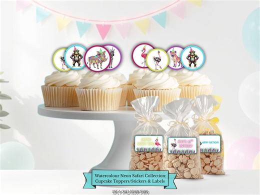 Watercolour Neon Safari Cupcake Toppers / Stickers & Editable Labels | Animal Printable Party Decor | Instant Download | WNSC - Etsy