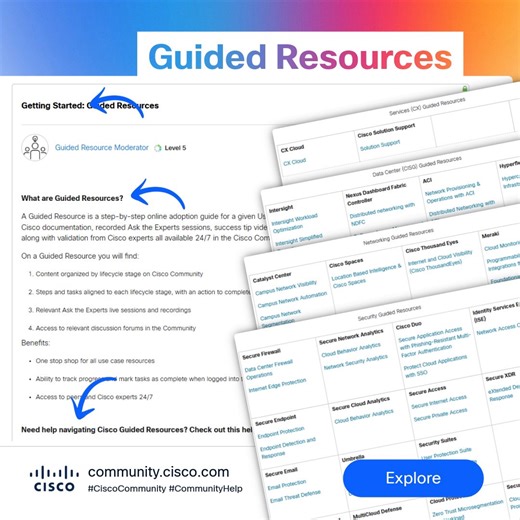 🛠️ Cisco Guided Resources: Learn, track, level up your Cisco technical knowledge by use case at your own pace. Check out this #CommunityHelp guide to help you get started and optimize your Cisco technology, covering #CiscoNetworking, #CiscoSecurity, #CiscoDCC, #CiscoServiceProvider and more! Explore and bookmark: 🗺️ https://cs.co/61857KUzc Get started today! #CiscoCommunity | Cisco Community