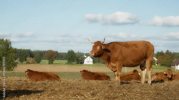 Cows and calves of the purebred French Limousin beef breed lying on the pasture. The cow is chewing gum with her eyes closed with pleasure. Calves are resting on straw. Breeding of cattle for meat.