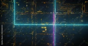 Top down panning footage of traffic in streets of metropolis at night. Fly above Manhattan, NYC, USA. Computer added visual effects