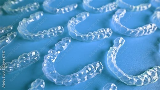 Invisible orthodontic cosmetic braces on a gradient blue background. Plastic dental aligners. Modern dental retainers created using 3D printing technology. Achieve a beautiful smile and whiter teeth.