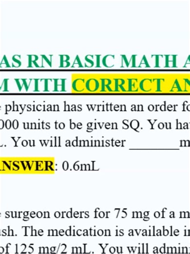 RELIAS RN BASIC MATH ABILITY EXAM 2026 | Latest Questions & Correct Answers | Pass Fast 💉📚 Are you preparing for the RELIAS RN Basic Math Ability Exam in 2026? 🩺✨ This updated walkthrough covers the most tested nursing math questions with clear, correct answers and step-by-step explanations to help you pass with confidence. If dosage calculations, IV flow rates, medication conversions, fractions, ratios, and dimensional analysis feel overwhelming — this video breaks everything down in a simpl