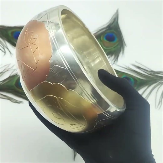 Embossed Buddha Singing Bowl: Two-Tone Copper & Silver, 5.5 inch