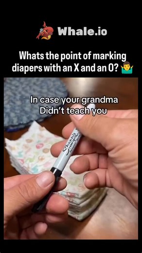trend_tok_hub on Instagram: "The post is a humorous riddle video showing a man using a marker to draw X and O on stacks of clean diapers, overlaid with "In case your grandma didn't teach you," prompting speculation on its purpose amid 1.7 million views. Top replies reveal a practical intent: marking diapers helps parents track changes at daycare, ensuring caregivers swap them regularly rather than waiting until pickup, as shared by users with firsthand experience. Alternative explanations includ