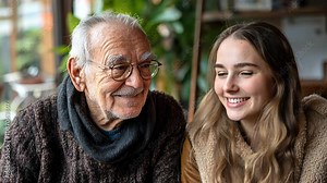A friendly tech expert guiding an older adult through online security practices, such as creating strong passwords, in a warm and welcoming environment.