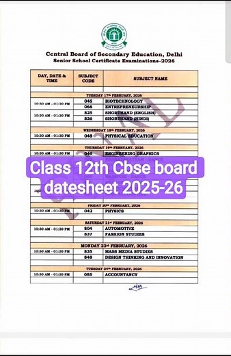 Class 12th Cbse board datesheet 2025-26 #class12 #datesheet2025 #cbseboard