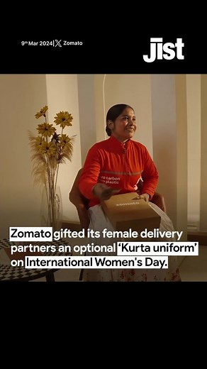 Jist on Instagram: "Zomato, the online food delivery service, has unveiled a new uniform for its female delivery partners. They now have the choice to wear Kurtas instead of the traditional Zomato t-shirts, a change prompted by feedback from female employees who found the western-style t-shirts uncomfortable. [Zomato, uniform, kurta, t shirt, employee, viral, female employee, international women's day ]"