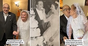 Couple celebrate their 64th wedding anniversary by dressing up as bride and groom for Halloween