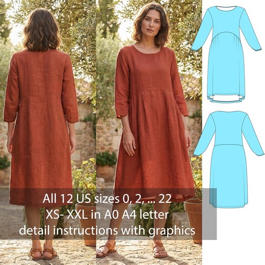 Instant Download Linen Dress Sewing Pattern PDF | Midi Dress With Sleeves - Etsy