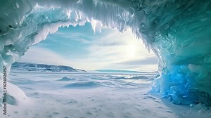 The Video showcases a stunning ice cave teeming with a plentiful amount of ice formations, An impressive ice cavern in a frozen landscape