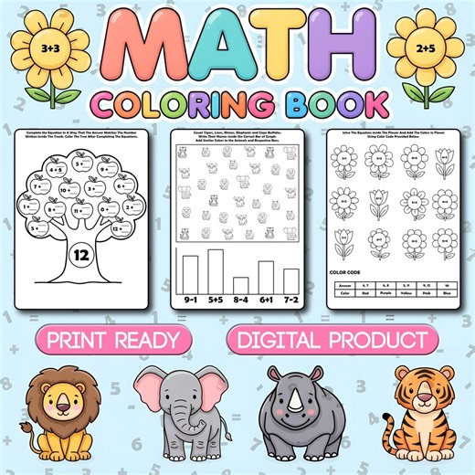 Math Coloring Book for Kids | Fun Math Activities Workbook | Printable Math Activity Book | Addition, Subtraction & Logic Games | Ages 4–9 - Etsy