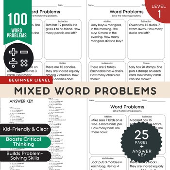 100 Problems | Math Mixed Word Problems | All Operations | K - Grade1