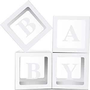 Baby Shower Boxes with Letters and Balloons for Baby Shower Decorations for Girl or Boy, Baby Balloon Box, Baby Blocks for Baby Shower Decor (White Boxes)