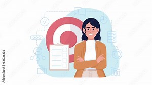 Animated isolated goal setting. Motivated female employee. Looped flat 2D character 4k video footage with alpha channel. Problem solving skill. Colorful animation for mobile, website, social media