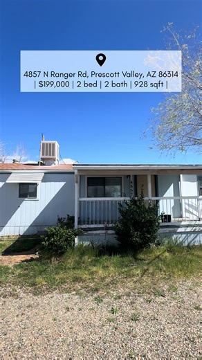 ✨ New Opportunity in Prescott Valley! ✨ 📍 4857 N Ranger Rd, Prescott Valley, AZ 💲 $199,000 🛏 2 Bed | 🛁 2 Bath | 📐 928 Sq Ft Looking for an affordable starter home or investment property in Prescott Valley? This clean and well-maintained home offers new carpet, a new furnace, and an evaporative cooler—making it comfortable and move-in ready inside. Enjoy relaxing mornings or evenings on the covered front and back porches, surrounded by mature trees and evergreen bushes with mountain views in