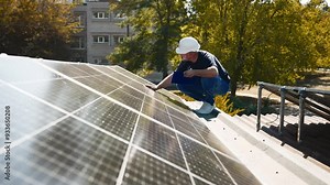 A chief engineer oversees the installation of solar panels on a rooftop. The scene highlights expert supervision and modern renewable energy solutions in action.