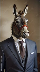 Donkey in sophisticated grey suit and tie, whimsical blend of animal and formal attire. Elegant outfit contrasts playfully with natural expression of donkey.