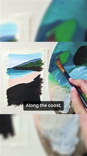 Gouache painting of beach with coastal view 🖌️🌊✨