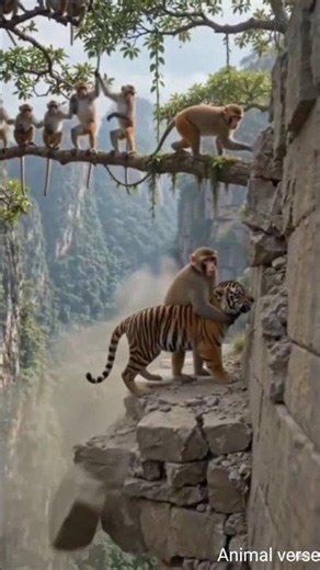 Monkey Family Rescues a Baby Tiger from a Dangerous Mountain Cliff Emotional Animal Rescue Story