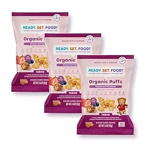 Amazon.com: Ready Set Food Organic Puffs – Early Allergen Introduction Snack Puffs w/ 9 Top Allergens: Organic Peanut, Cashew, Egg & More, No Added Sugar, Babies 8+ Months (Daniel Tiger Peanut Butter Berry, 3-Pk)
