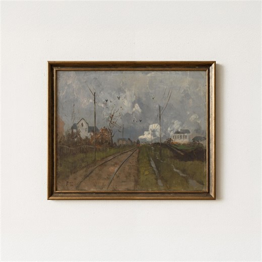 Vintage Railway Landscape Painting | Antique Train Track Wall Art | Rustic Countryside Railroad Artwork | Mailed Print