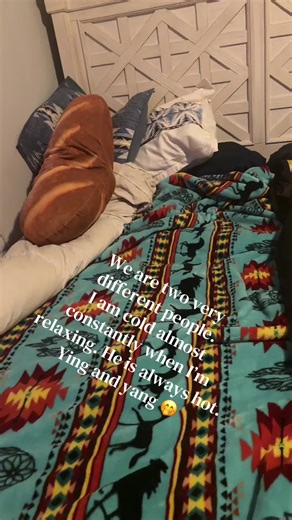 #opposite #hotandcold #yingyang I go to bed in layers even in summer 😅 he likes the fan on even in winter. He has a mountain of pillows while I prefer one orthopedic pillow. I need the heaviest blankets he needs cooling sheets and light cover. I sleep like a rock and he fights demons and the bedding all night. We have agreed on the firefly meadow channel on Tubi to fall asleep to and a humidifier to keep the air moisturized even with the fan blowing on us all night. How do you sleep? #sleep #ha