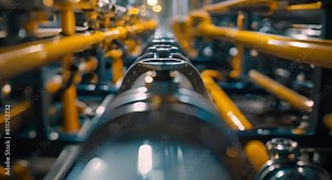 Pipeline Rack at Industrial Plant Distributing Liquid Along Multiple Pipes: A Close-Up View. Concept Industrial Plants, Liquid Distribution, Pipeline Rack, Close-Up View, Multiple Pipes