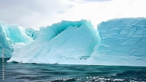 Turquoise blue iceberg floating in the water, its surface reflecting the cloudy sky above. The melting ice serves as a stark reminder of the environmental challenges