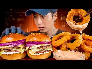 ASMR MUKBANG CHEESEBURGER MUSHROOM SWISS & ONION RINGS | COOKING & EATING SOUNDS | Zach Choi ASMR