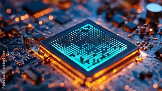 Close view of a computer chip with circuit board in a dark setting showing lights and connections in an electronic device