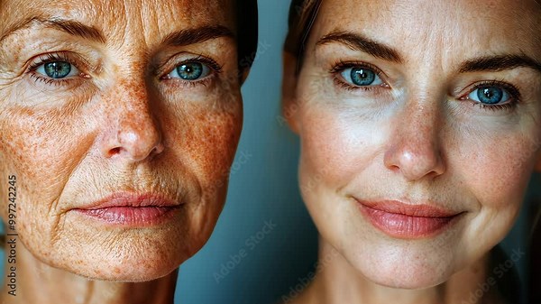 Before and after portrait of an older woman showing skin transformation over time.