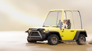 Little girl drives yellow car in desert like empty space. Glare from the sun background. Cartoon Animation seamless loop , 3D Render.