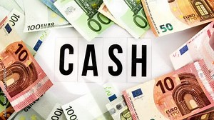 4k zoom in out Euro Money Frame with cash word inside on white background, Banknote european cash. Falling money