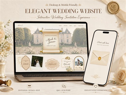 Elegant Wedding Website templet, Gold and champagne color with RSVP, Details page, Our Story page and Q&A