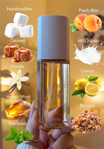 Marshmallows☁️✨@Ellis Brooklyn ☁️🍨Top Notes: Marshmallow, Lemon, Peach Skin. ☁️🥮Middle Notes: Caramel Accord, Benzoin, Vanilla Orchid. ☁️🥛Base Notes: Milky Musks, Amber Woods, Patchouli Indonesia. Click the orange cart to shop!🛍️ #ellisbrooklyn#marshmallowperfume#perfumemist#perfumetiktok#fragrance