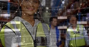 Warehouse Colleagues Analyzing Inventory Operations in Logistics Hub, with Floating HUD Panels Stock Footage - Video of vests, group: 379784264