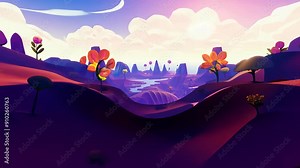 A bright cartoon landscape with hills, trees and a river flowing between them, against a cloudy sky. Concept: children's illustrations, animation, fantasy world