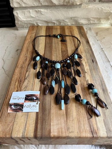 Nature Bijoux Wood Turquoise Fringe Statement Necklace Earrings Set - Etsy