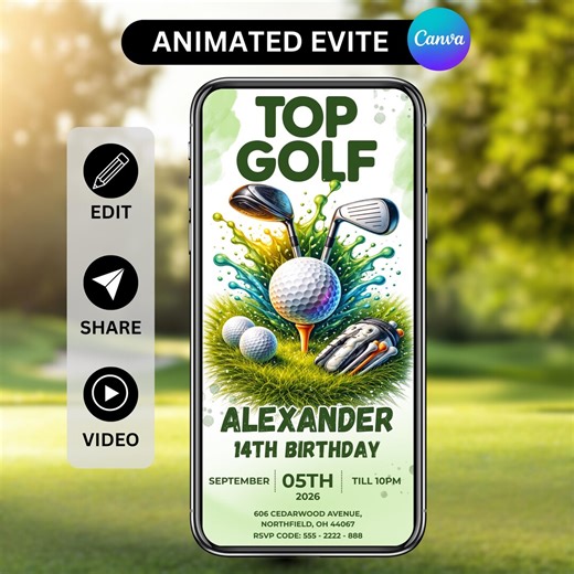 Top Golf Birthday Invitation, Animated Par-tee Video Evite, Digital Download, Printable Template, Canva Editable Template - Etsy