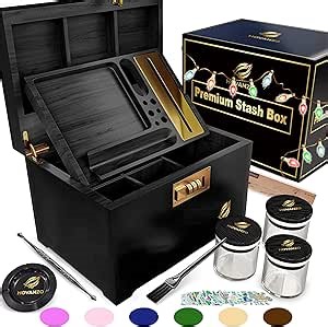 HOVANZO Premium Large Bamboo Storage Box with Removable Tray - Storage Wood Box for Herbs and Accessories - Storage Box Set with Combination Lock - Smell Proof Container with Accessories