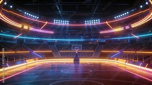 Activating LED sequence over arena, coloring court and center hoop or backboard for game intro