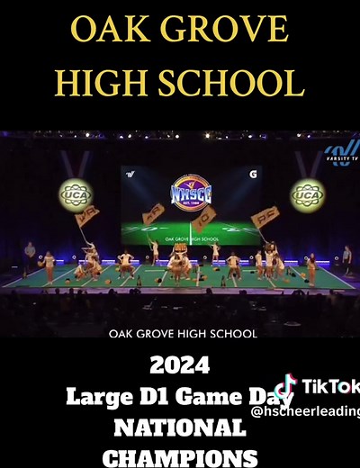 Oak Grove High School LARGE D1 GAME DAY NATIONAL CHAMPS!!! ••• love love love this routine!! very exciting and fun to watch!💛 Congrats to oak grove on your national title!!🖤💛 ••• Dm or comment to request your school!! #uca #cheer #oakgrove #nhscc #nationalchampion